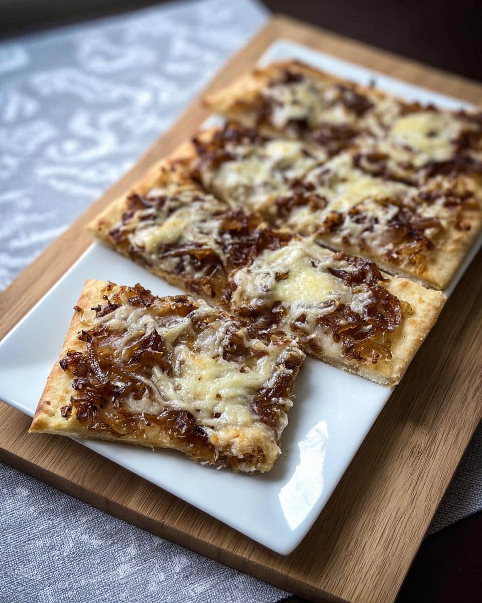 Slices of Caramelized Onion & Gruyère Flatbread topped with melted cheese, served on a white rectangular plate.