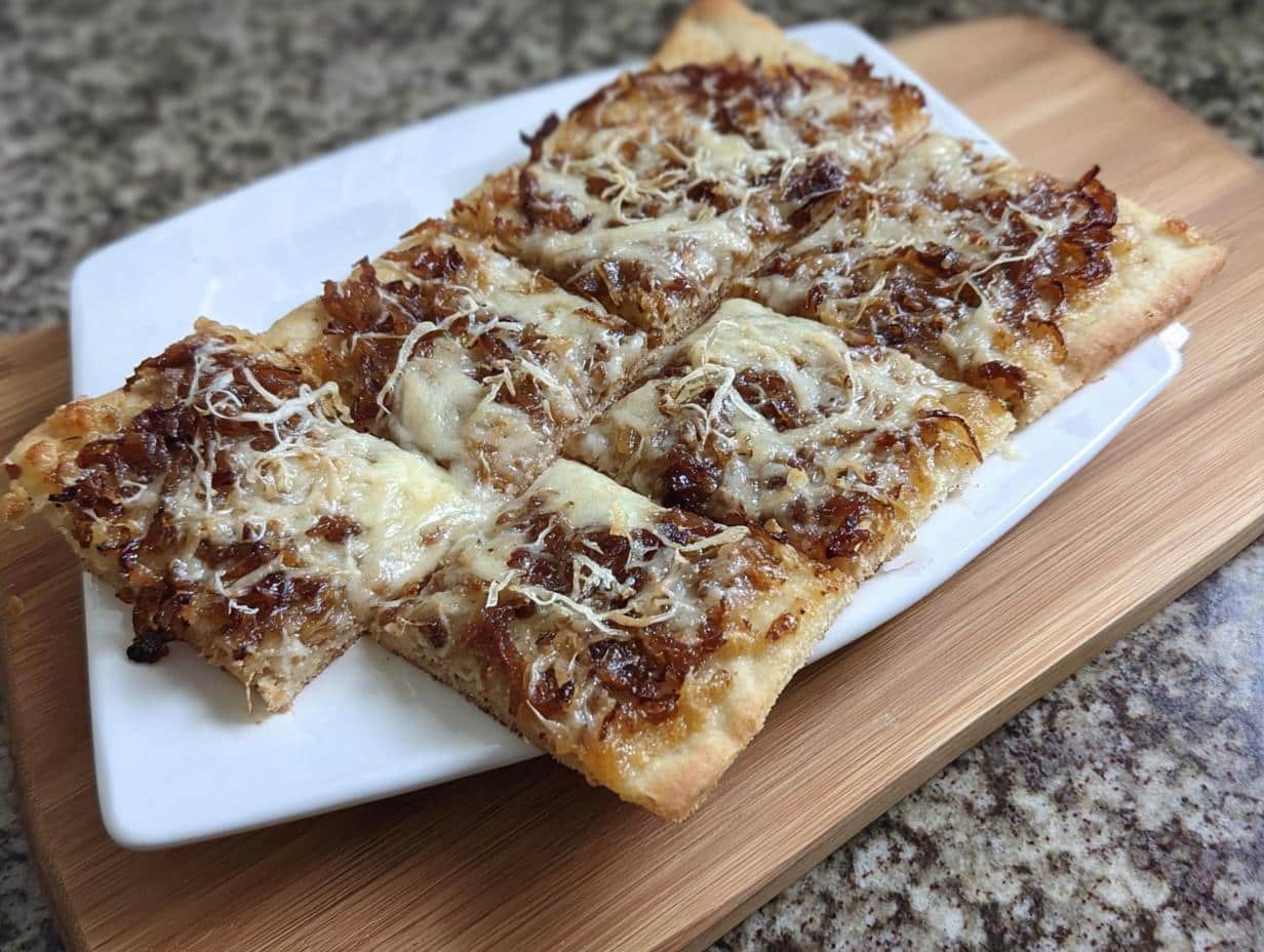 Six slices of Caramelized Onion & Gruyère Flatbread topped with melted cheese and dark onions on a white platter.