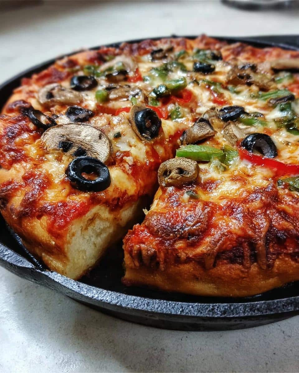 Close-up of a thick, crispy Cast Iron Pan Pizza with melted cheese, mushrooms, olives, and peppers.