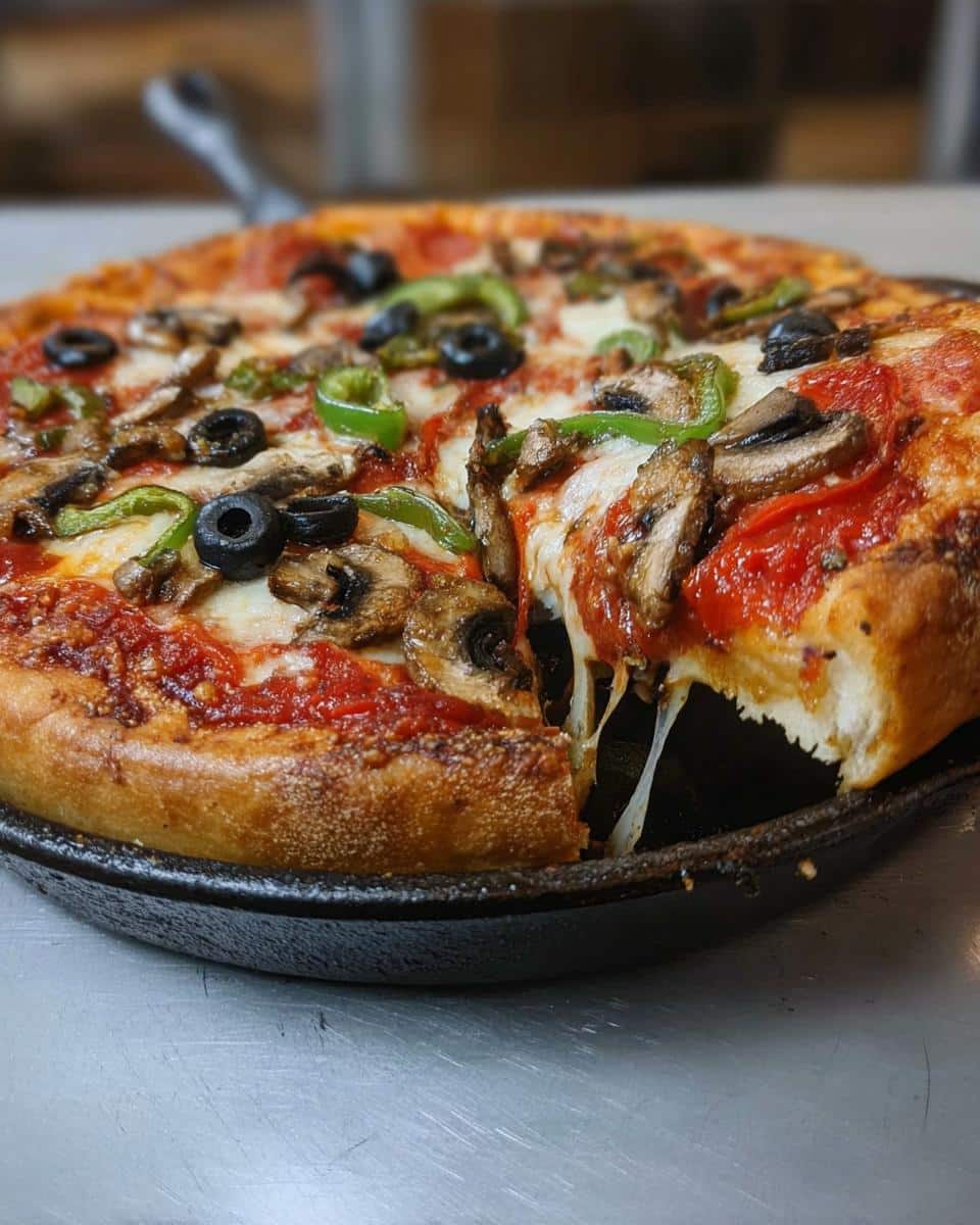 A slice being pulled from a thick-crusted Cast Iron Pan Pizza topped with mushrooms, olives, and peppers.