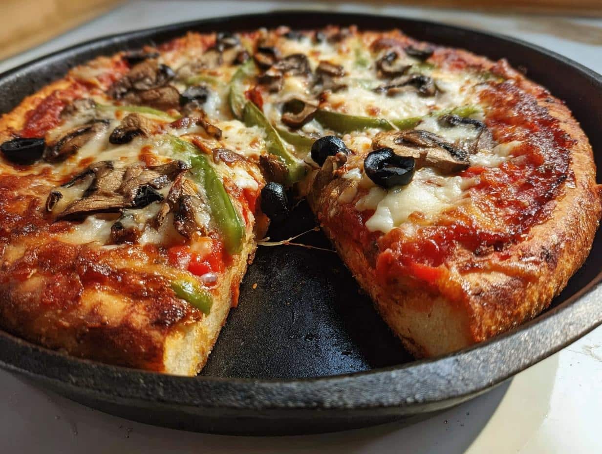 Close-up of a thick-crusted Cast Iron Pan Pizza with melted cheese, mushrooms, peppers, and olives.