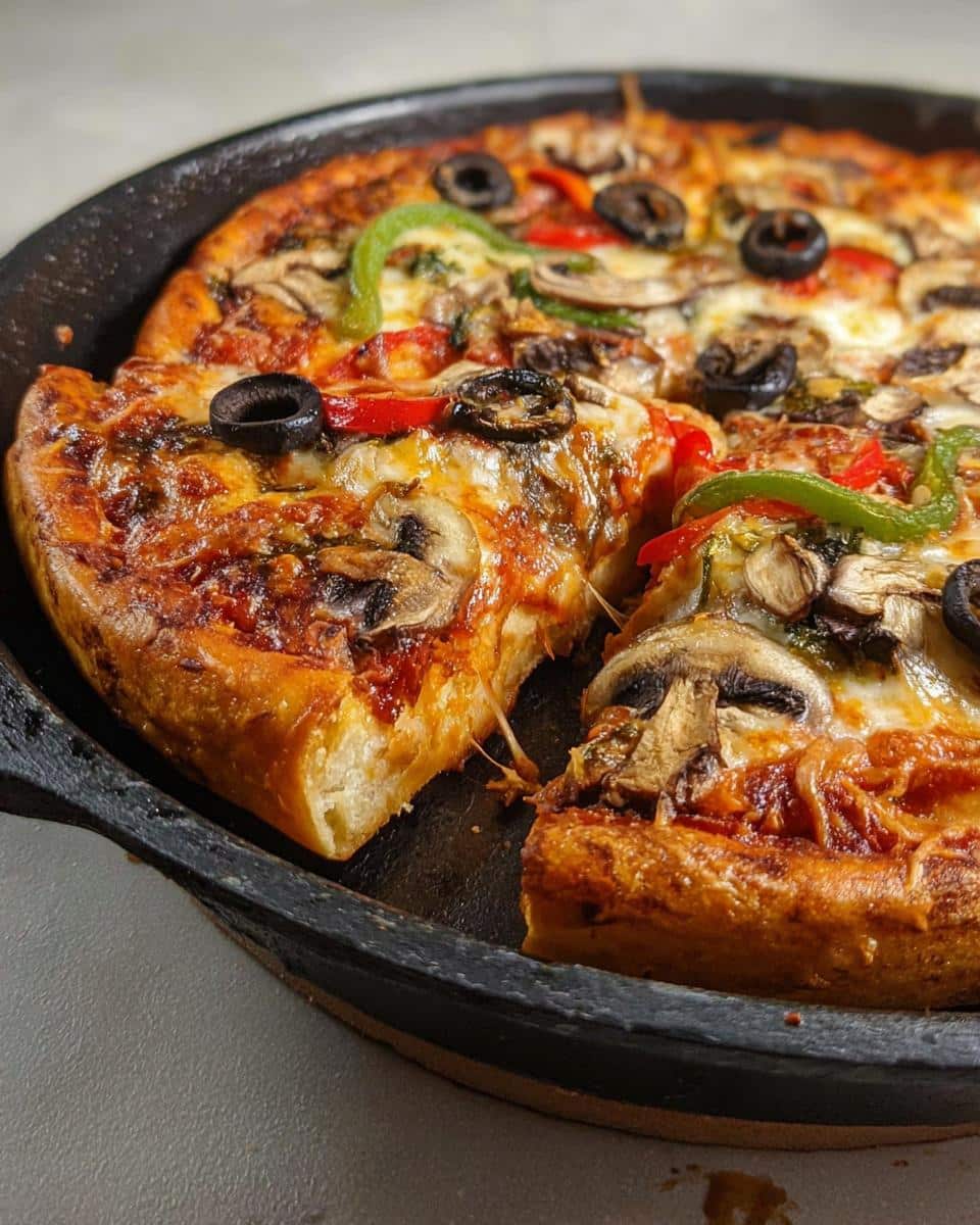 A slice of Cast Iron Pan Pizza showing a thick, golden, crispy crust and melted cheese toppings.