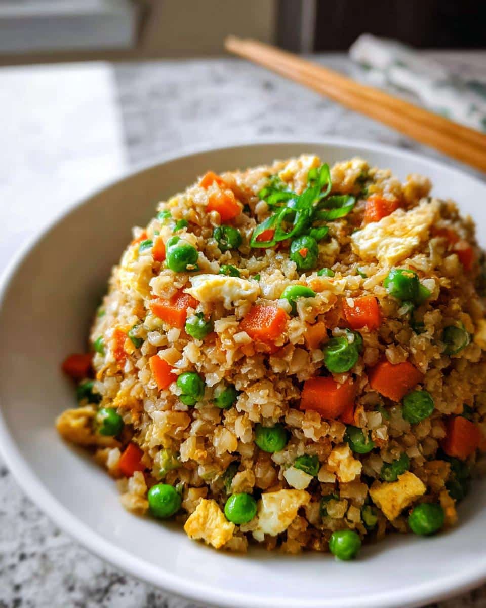 A close-up of a bowl filled with Cauliflower Fried Rice mixed with bright green peas and orange carrots, topped with green onions.