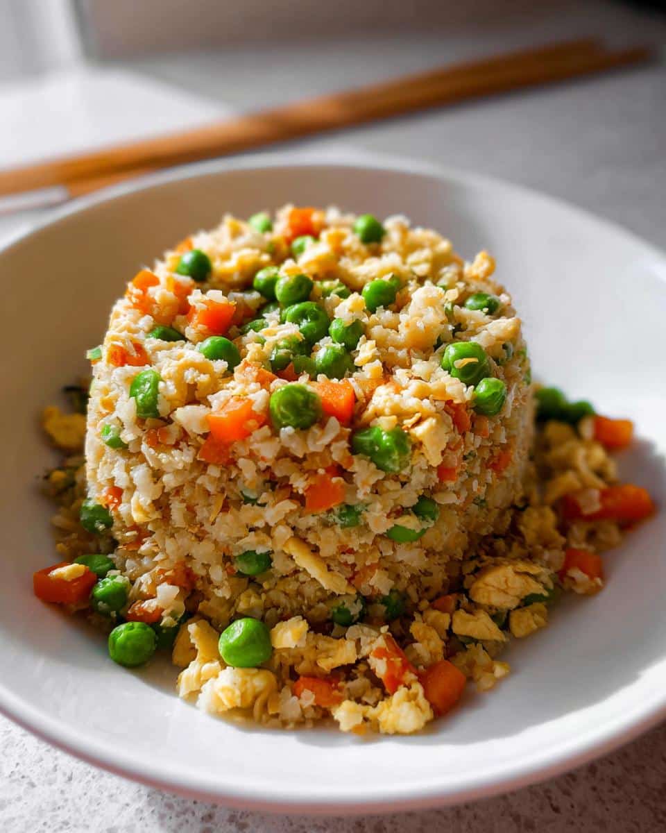 A serving of healthy Cauliflower Fried Rice molded into a cylinder shape, topped with bright green peas and diced carrots.