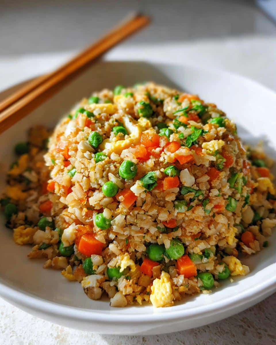 A mound of vibrant Cauliflower Fried Rice mixed with bright green peas and diced carrots, served in a white bowl with chopsticks resting nearby.