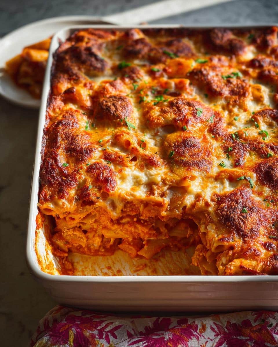 A close-up of a freshly baked Cheesy Baked Ziti in a white dish, featuring a deeply browned, bubbly cheese topping.