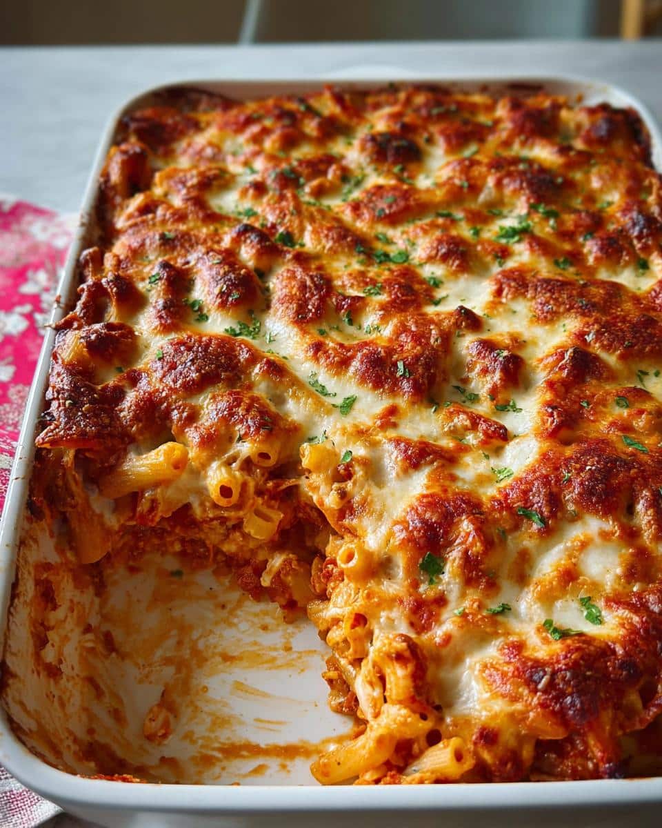 A close-up of freshly baked Cheesy Baked Ziti with a bubbly, golden-brown cheese topping in a white baking dish.
