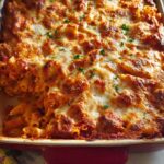 A close-up view of a freshly baked Cheesy Baked Ziti with a golden, bubbly cheese crust, served in a red baking dish.