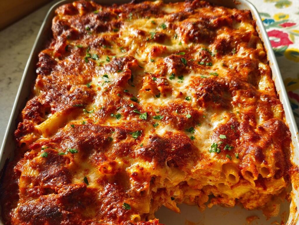 Close-up of a bubbling, golden-brown Cheesy Baked Ziti topped with melted cheese and parsley in a white baking dish.