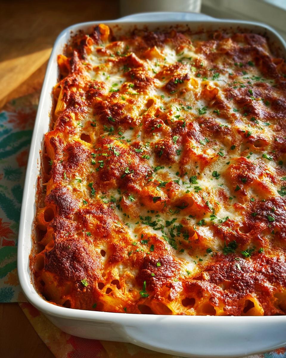 A golden-brown, bubbly top of Cheesy Baked Ziti covered in melted mozzarella and sprinkled with parsley.