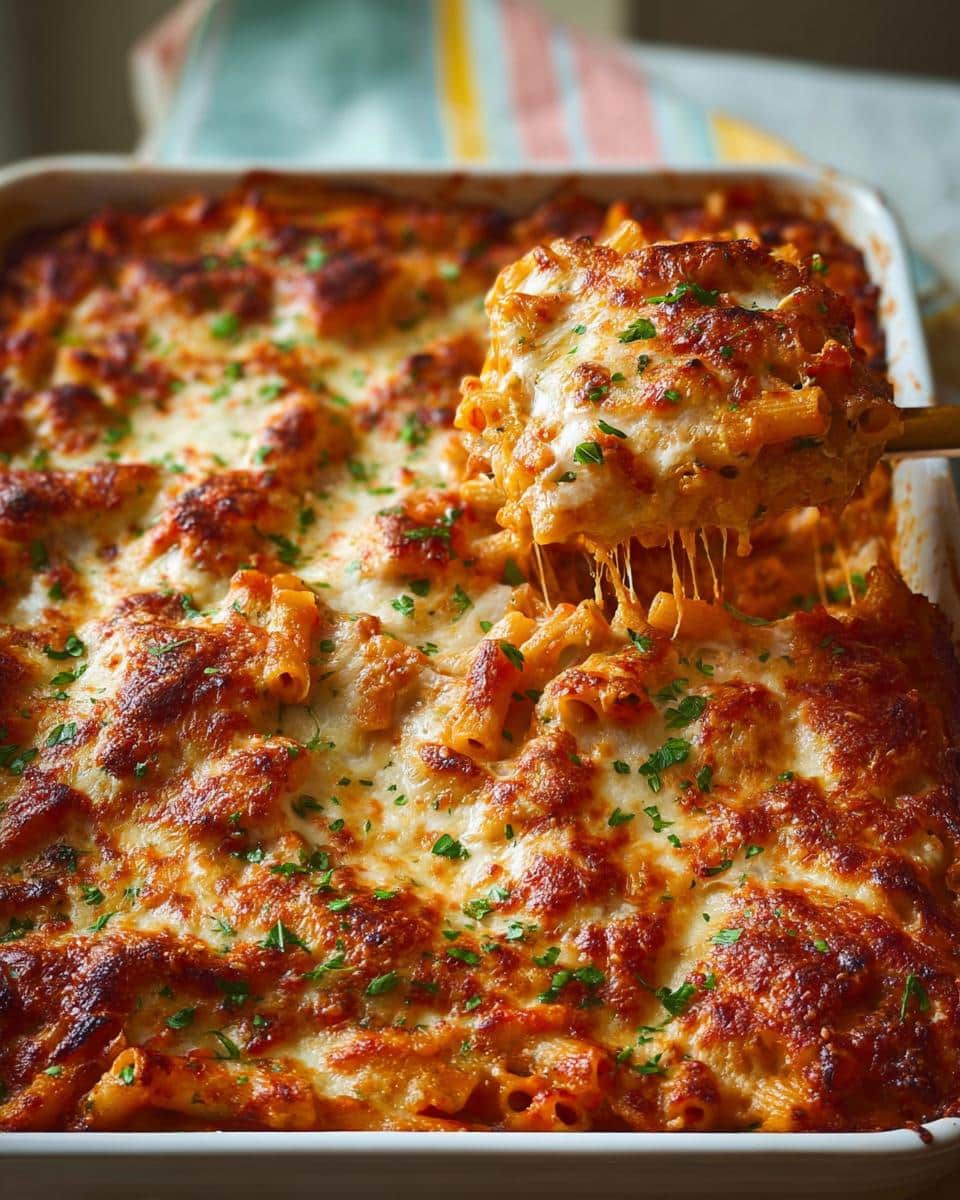 A spoonful of Cheesy Baked Ziti being lifted from the pan, showing long, melted cheese strings.