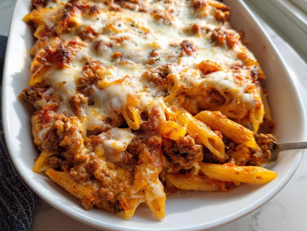 Close-up of a baked casserole dish filled with Cheesy Ground Beef & Pasta Bake, topped with melted, browned cheese.