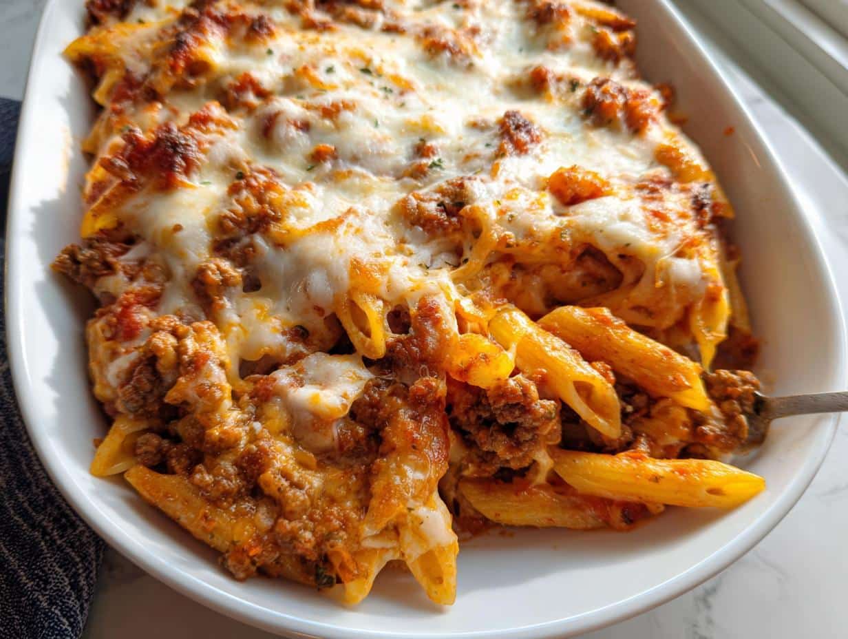 Close-up of a baked casserole dish filled with Cheesy Ground Beef & Pasta Bake, topped with melted, browned cheese.