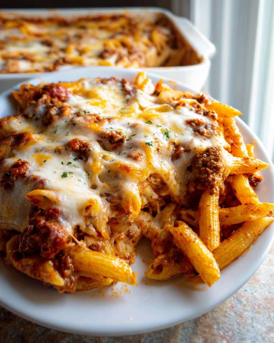 A serving of Cheesy Ground Beef & Pasta Bake on a white plate, topped with melted cheese and meat sauce.