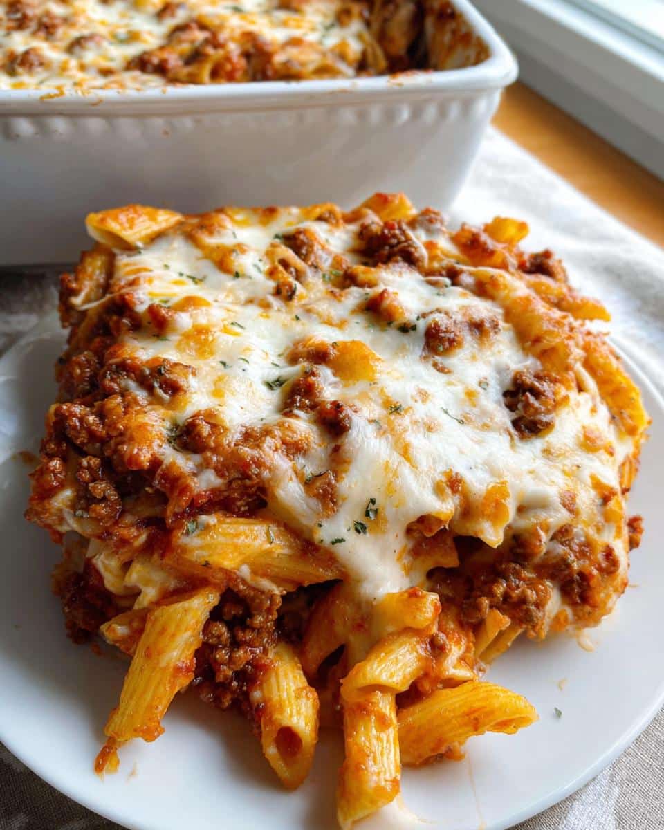 A generous serving of Cheesy Ground Beef & Pasta Bake featuring penne pasta, rich meat sauce, and a thick layer of melted mozzarella cheese.