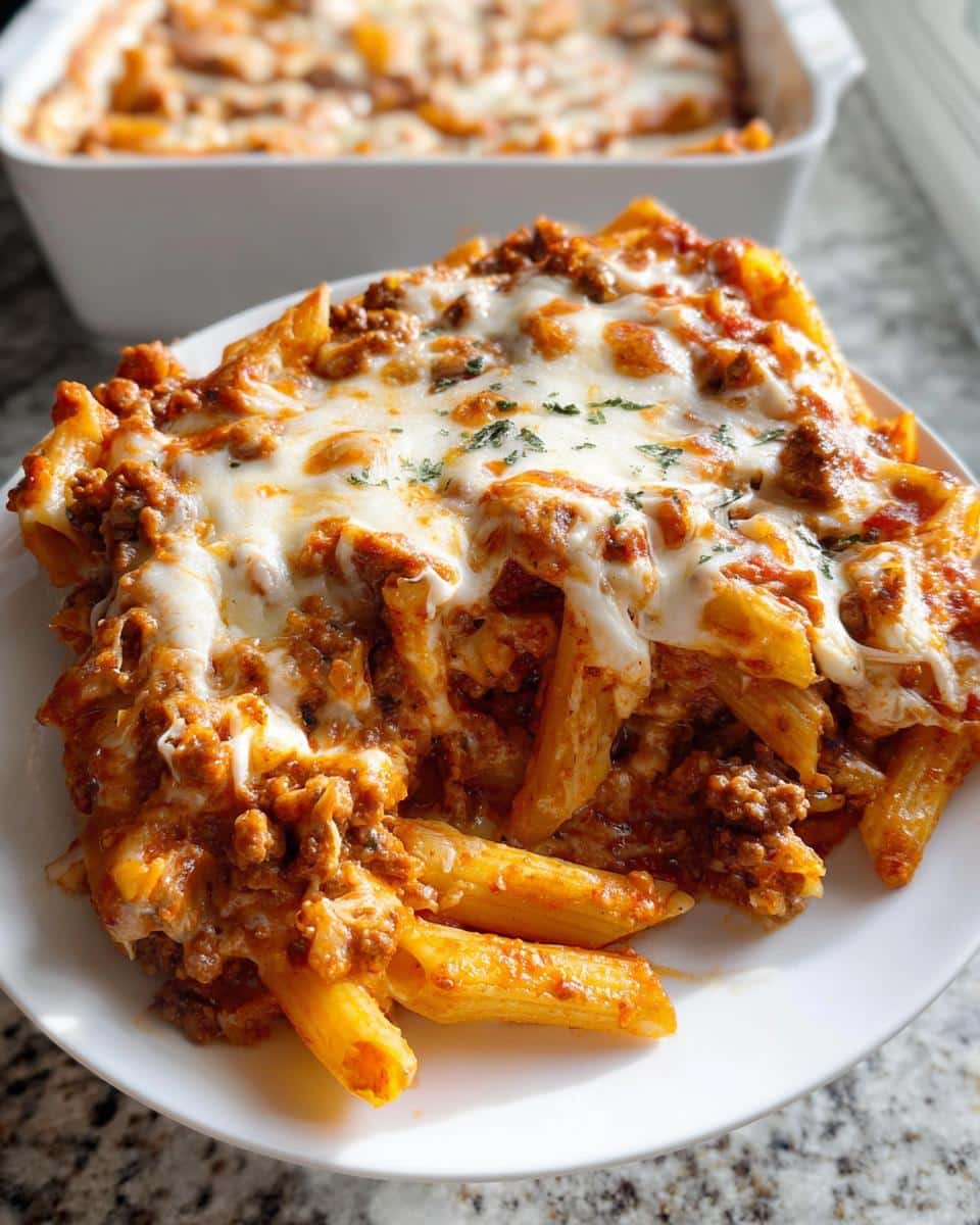 A generous serving of Cheesy Ground Beef & Pasta Bake with melted mozzarella on top, served on a white plate.