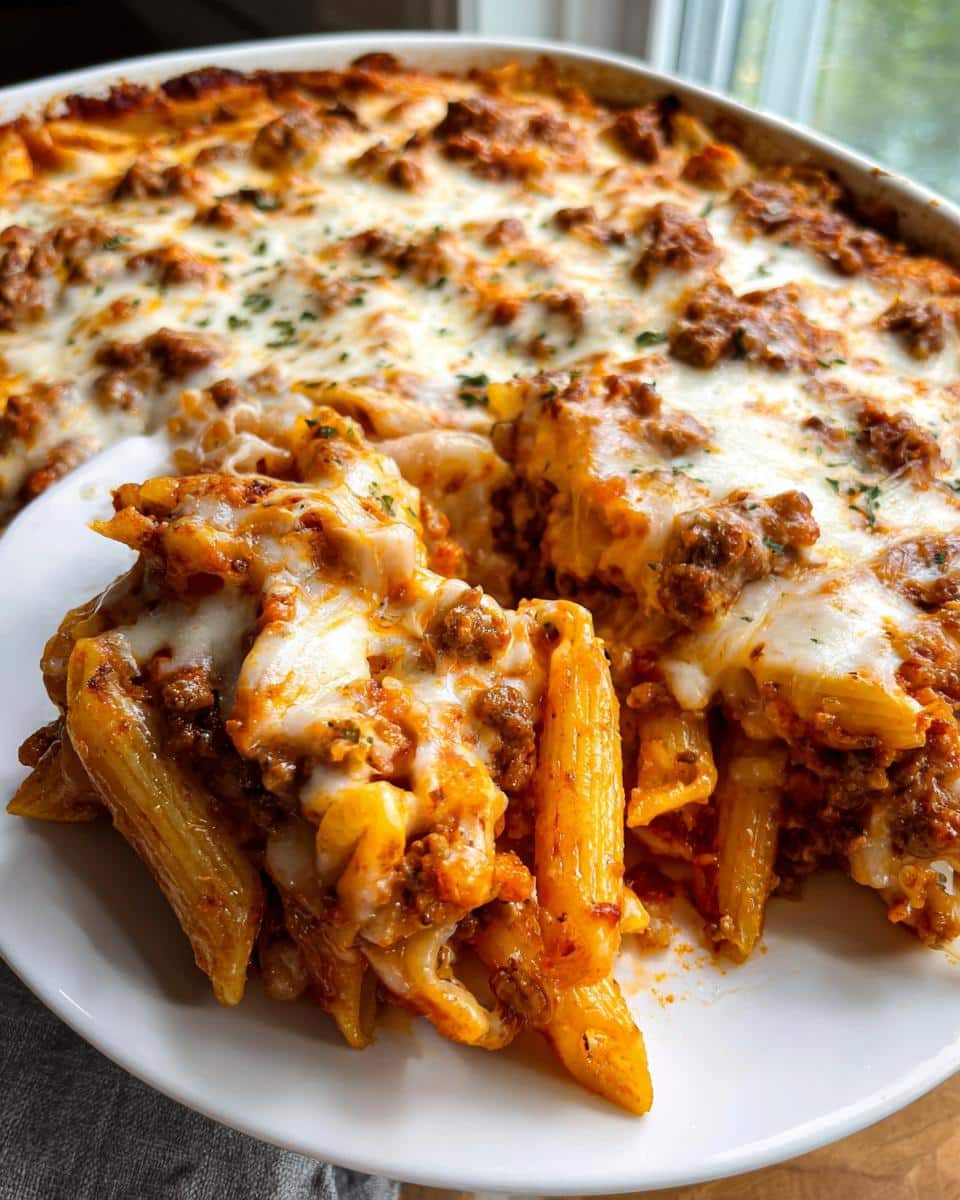 A serving of Cheesy Ground Beef & Pasta Bake with melted mozzarella cheese and meat sauce over penne pasta.