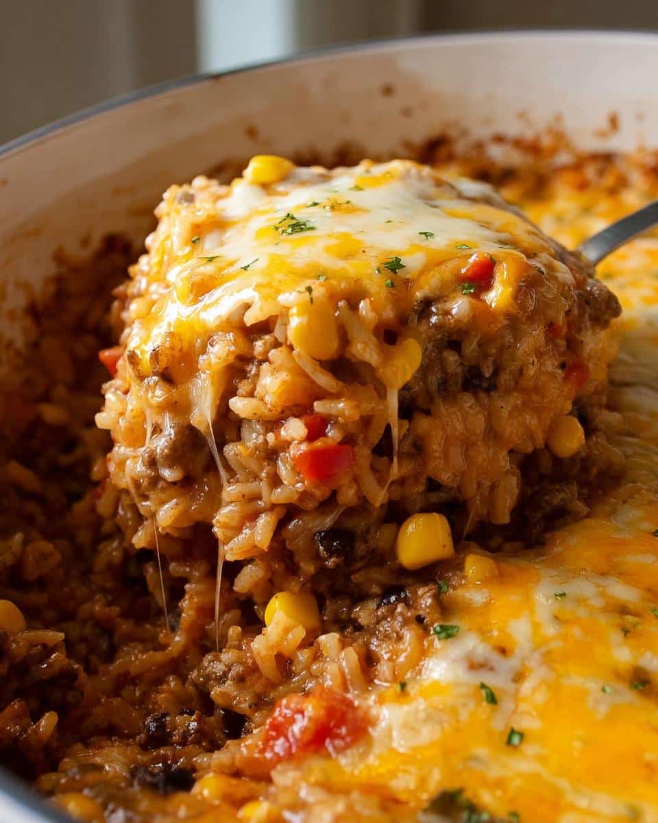 A spoonful of cheesy Mexican Beef Rice Casserole being lifted from the baking dish, showing melted cheese and corn.