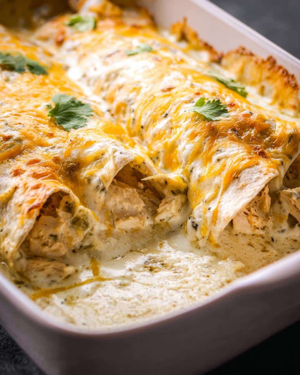 Close-up of baked Cheesy Sour Cream Chicken Enchiladas covered in melted cheese and garnished with cilantro.