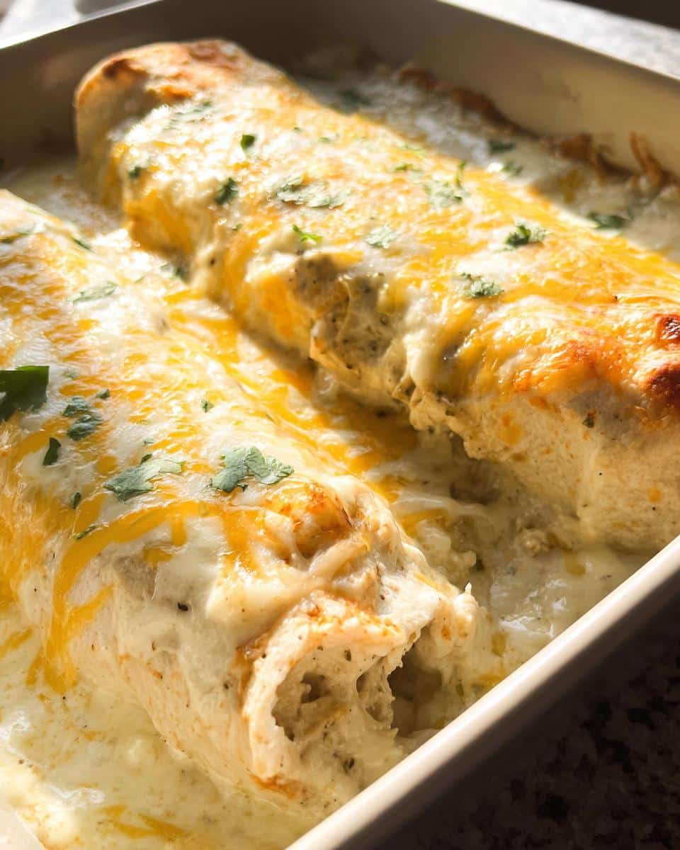 Close-up of baked Cheesy Sour Cream Chicken Enchiladas covered in melted white and orange cheese and cilantro.