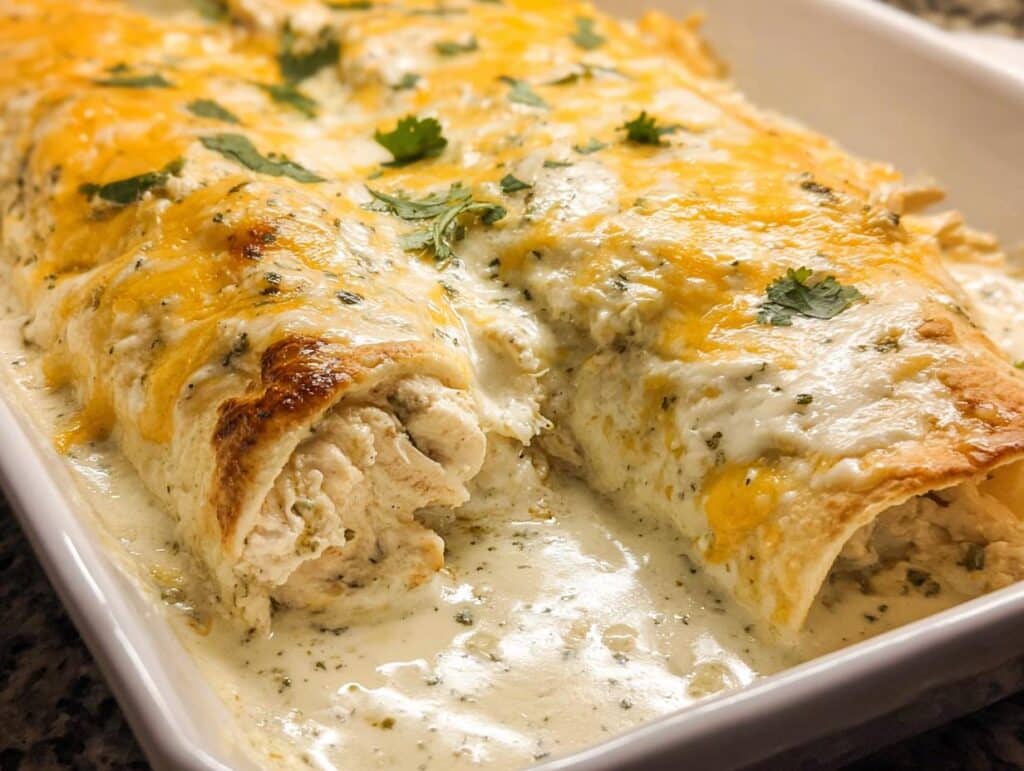 Close-up of baked Cheesy Sour Cream Chicken Enchiladas covered in creamy white sauce and melted cheddar cheese.