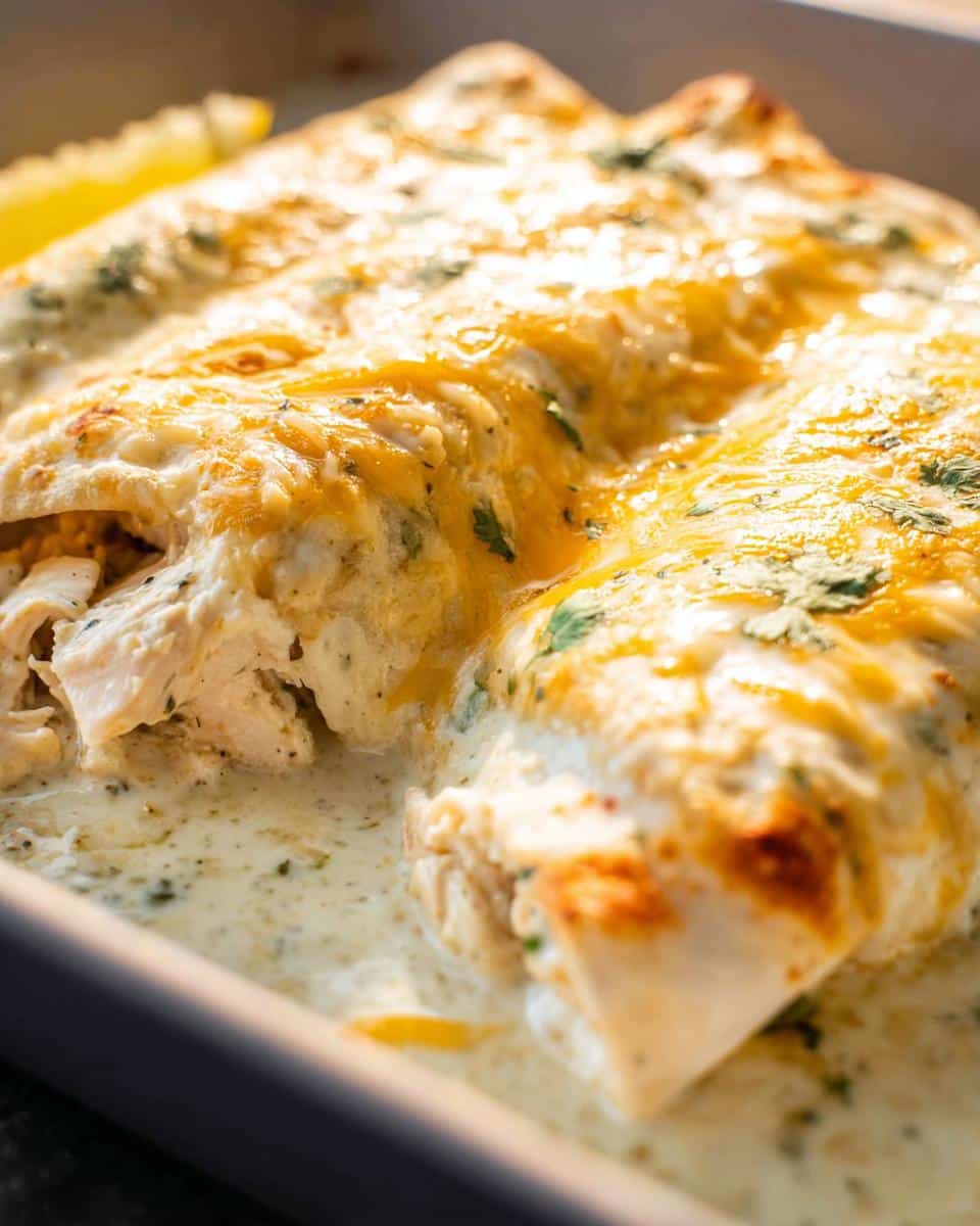 Close-up of baked Cheesy Sour Cream Chicken Enchiladas covered in melted cheese and cilantro.