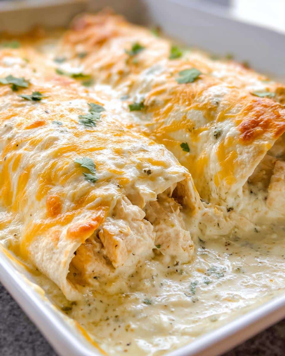 Close-up of creamy Cheesy Sour Cream Chicken Enchiladas topped with melted cheddar and fresh cilantro.
