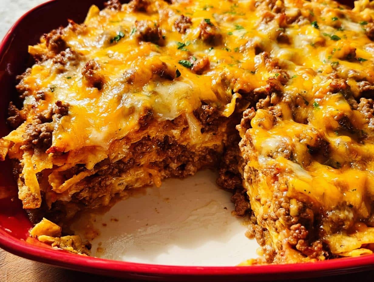 Close-up of a baked Cheesy Taco Ground Beef Bake in a red dish, showing layers and a bubbly, melted cheese topping.