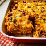 A close-up of a portion removed from the Cheesy Taco Ground Beef Bake, showing layers of ground beef and melted cheddar cheese.