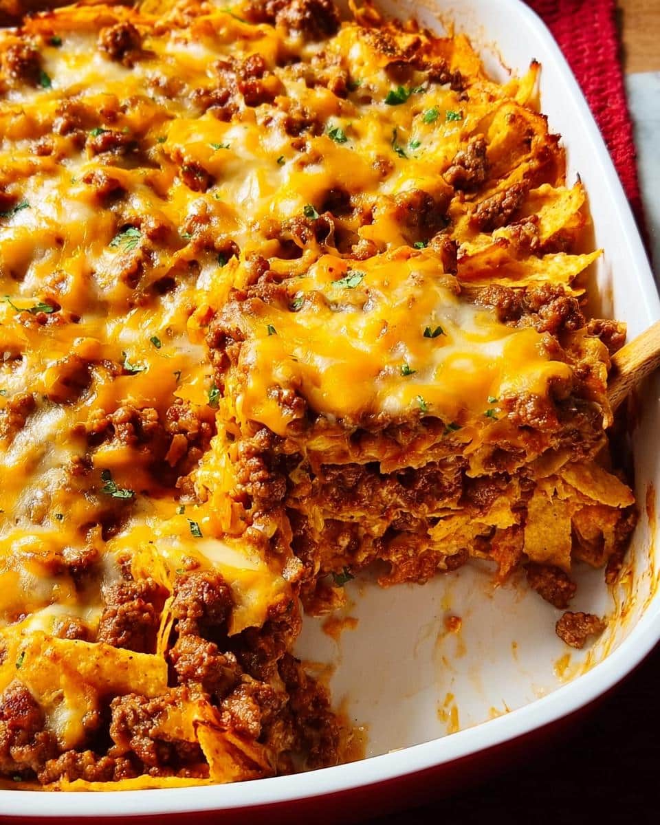 A serving spoon lifts a portion of the Cheesy Taco Ground Beef Bake, showing layers of seasoned ground beef, tortilla chips, and melted cheddar cheese.