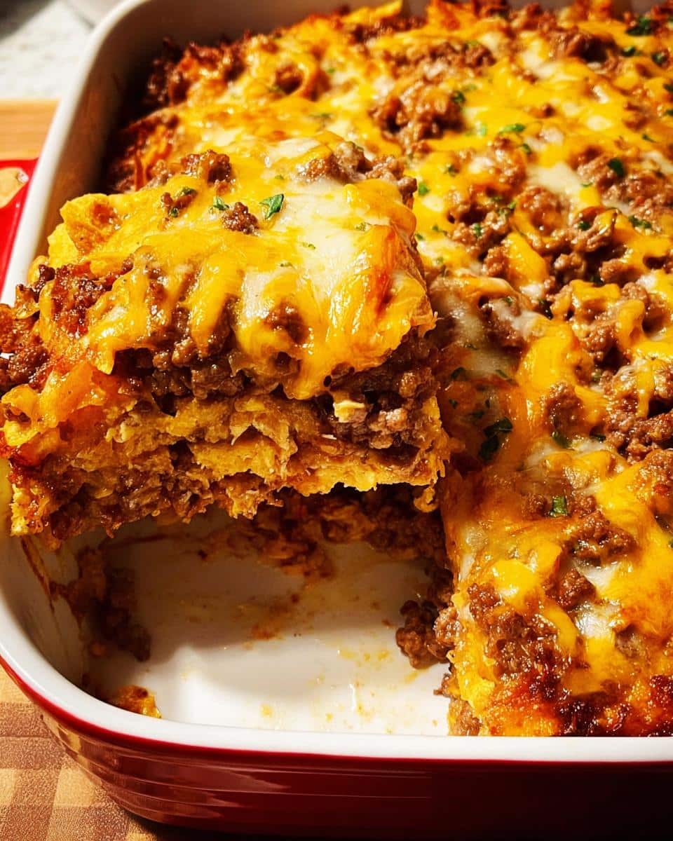 A serving lifted out of a Cheesy Taco Ground Beef Bake, showing layers of meat and melted cheese.