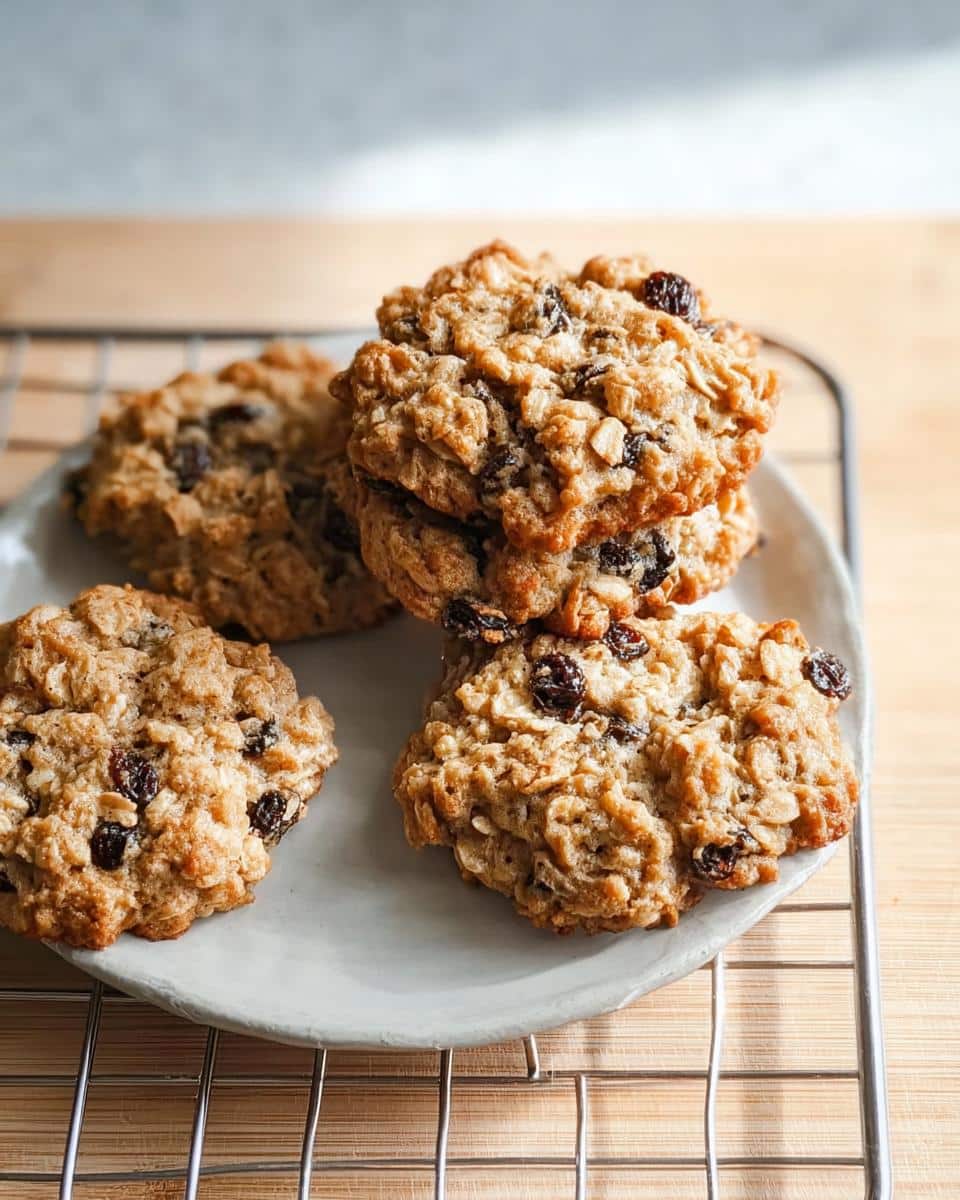A stack and arrangement of freshly baked, chewy Oatmeal Raisin Cookies resting on a light gray plate over a wire cooling rack.