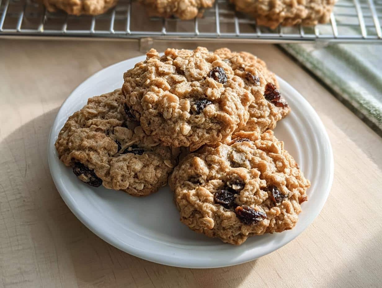 A stack of four chewy Oatmeal Raisin Cookies displayed on a white plate, with more cooling in the background.