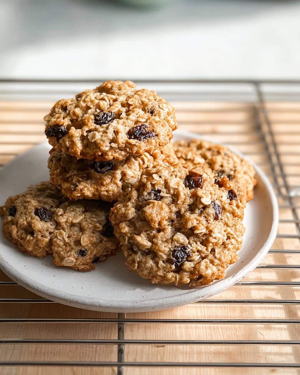 A stack of freshly baked, chewy Oatmeal Raisin Cookies resting on a small white plate.