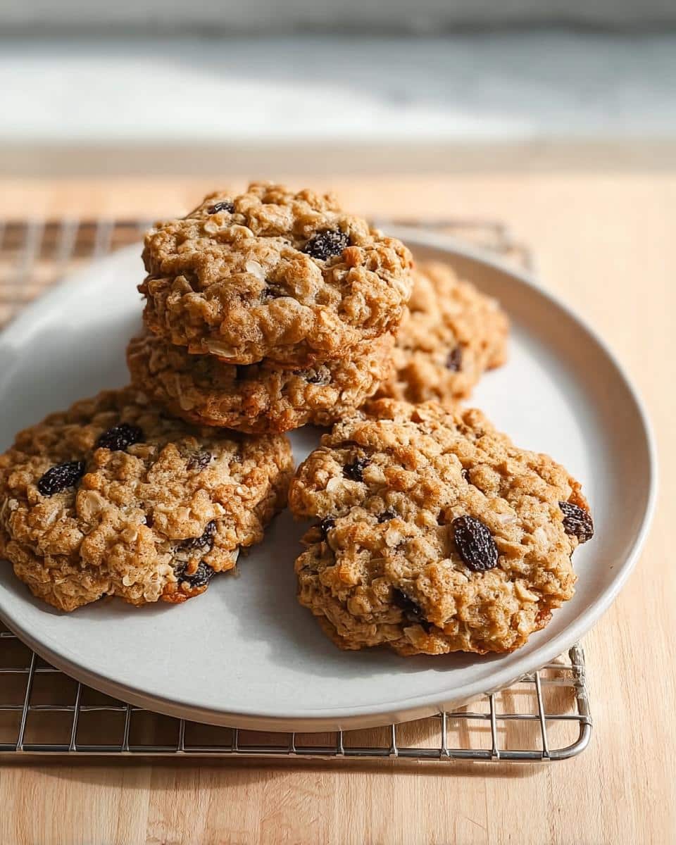 A stack of freshly baked, chewy Oatmeal Raisin Cookies resting on a light gray plate.