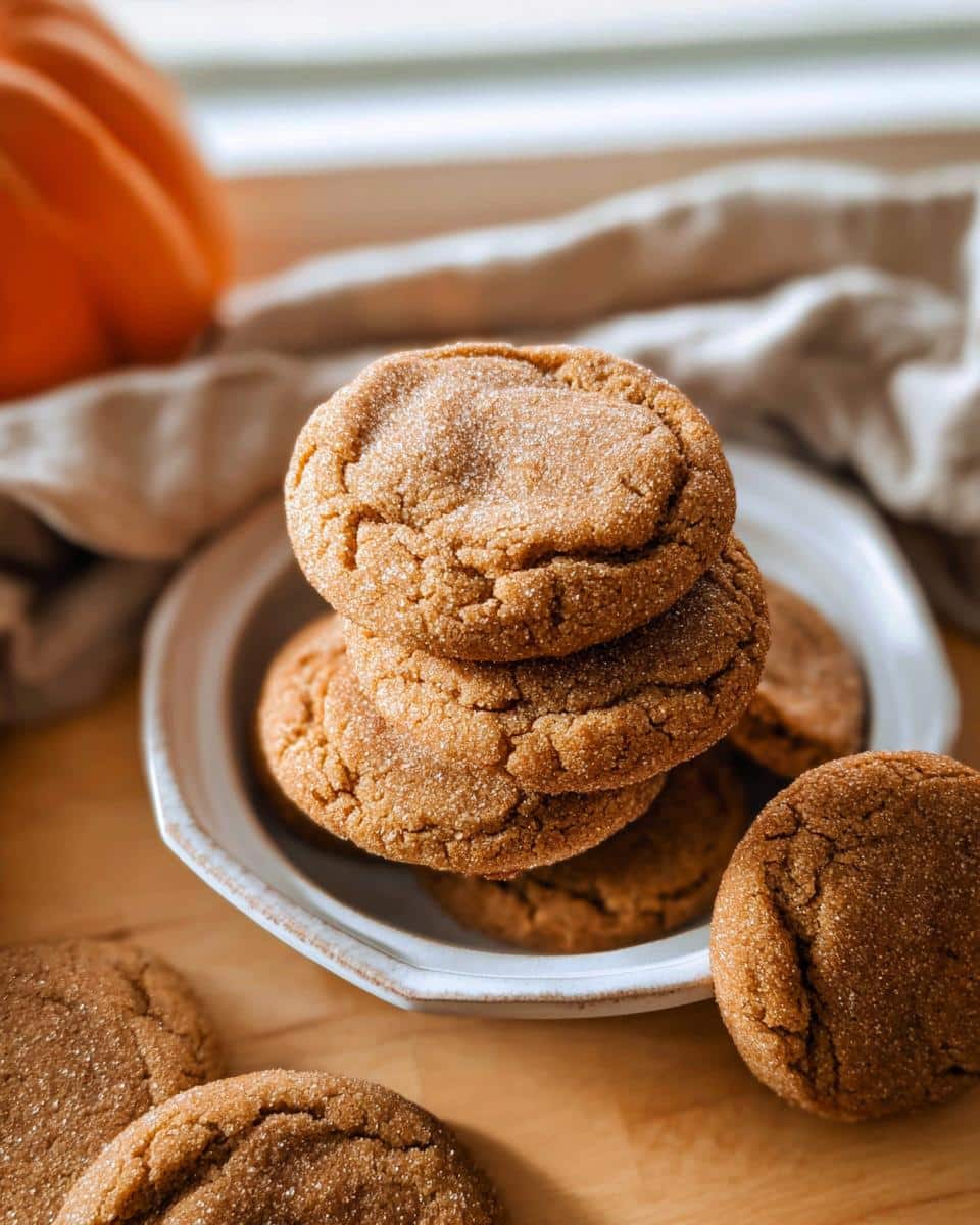 A stack of three chewy Pumpkin Spice Cookies coated in sugar, resting on a white plate.