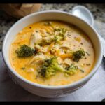 A close-up of a hearty bowl of Chicken & Broccoli Cheddar Soup, featuring chunks of chicken, bright green broccoli, and melted cheddar cheese.
