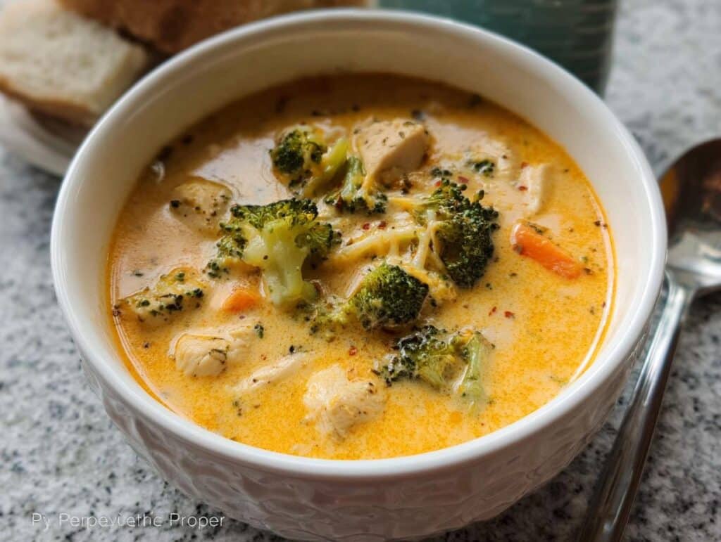 Close-up of a bowl of creamy Chicken & Broccoli Cheddar Soup with chunks of chicken and bright green broccoli florets.