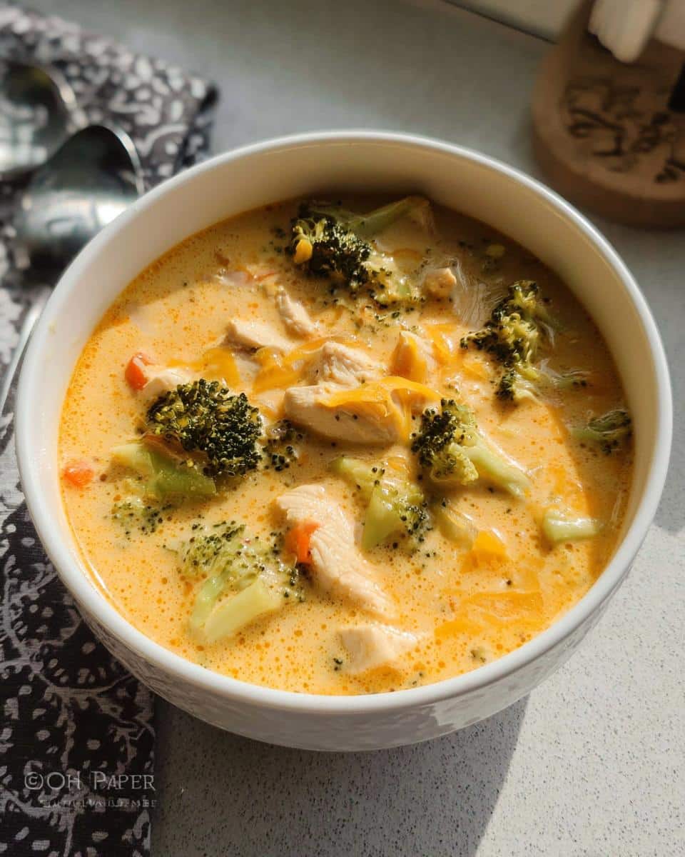 A close-up of a bowl filled with rich, creamy Chicken & Broccoli Cheddar Soup, featuring chunks of chicken, broccoli florets, and melted cheddar cheese.