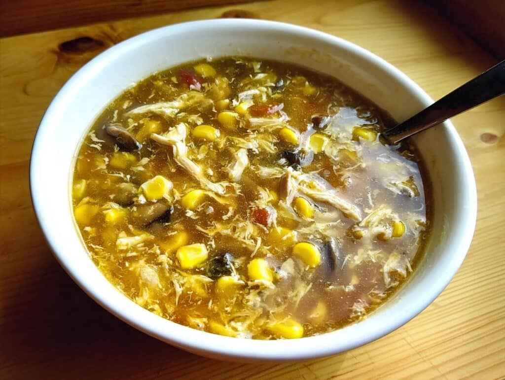 Close-up of a white bowl filled with rich Chicken Corn Hot & Sour Soup, showing shredded chicken, corn, and egg ribbons.