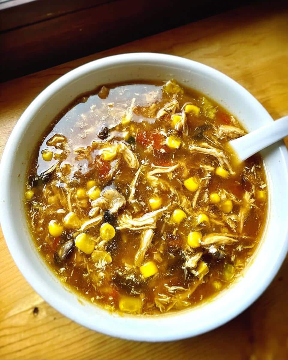 A close-up overhead view of a white bowl filled with rich, dark Chicken Corn Hot & Sour Soup, featuring shredded chicken and bright yellow corn kernels.