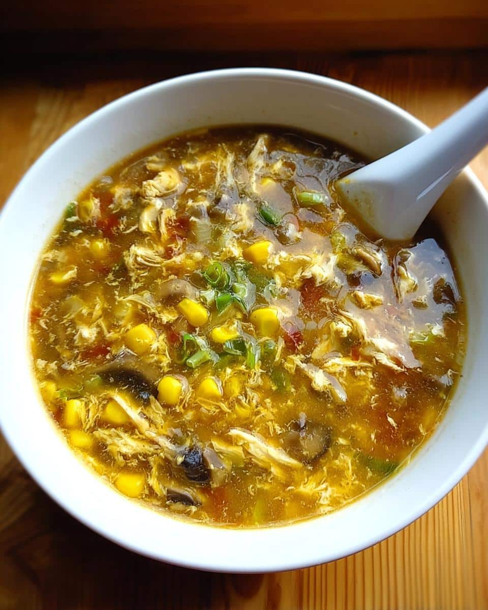 Close-up of a white bowl filled with rich Chicken Corn Hot & Sour Soup, featuring shredded chicken, corn, and mushrooms.