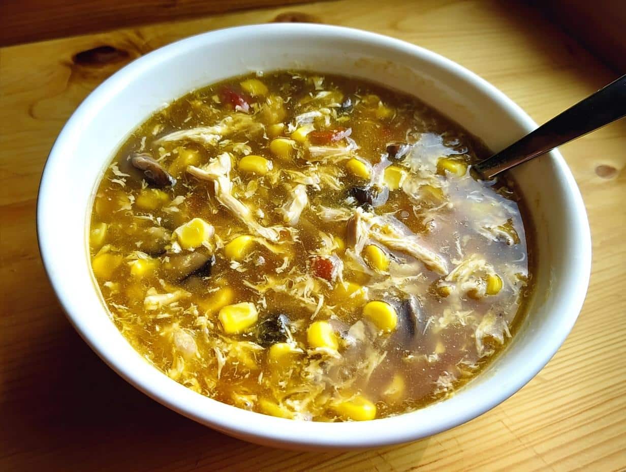 Close-up of a white bowl filled with rich Chicken Corn Hot & Sour Soup, showing shredded chicken, corn, and egg ribbons.