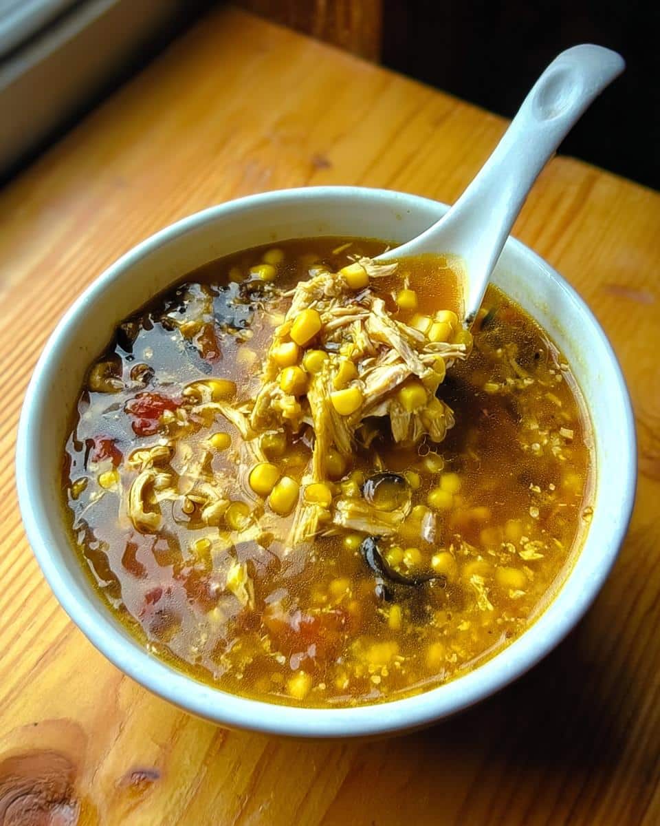 A spoonful of rich Chicken Corn Hot & Sour Soup, loaded with shredded chicken and corn kernels, being lifted from a white bowl.