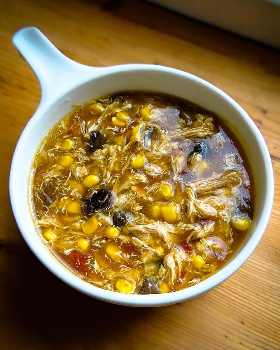 Close-up overhead shot of a bowl of Chicken Corn Hot & Sour Soup, featuring shredded chicken, corn kernels, and dark mushrooms.