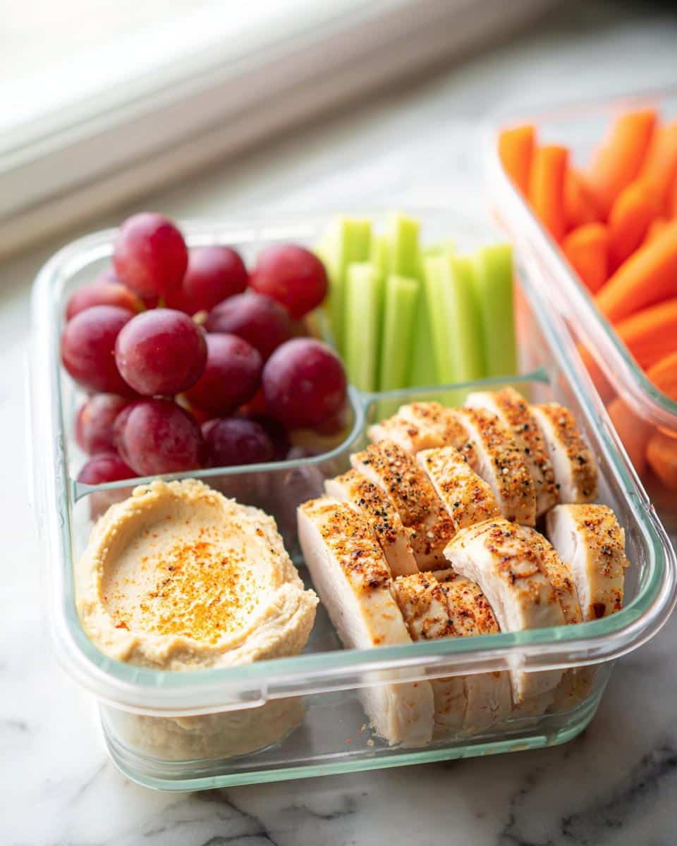 A glass container holding a Chicken Hummus Lunch Box with sliced seasoned chicken, hummus, red grapes, and celery sticks.