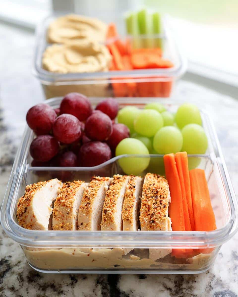 Close-up of a Chicken Hummus Lunch Box featuring sliced seasoned chicken, carrot sticks, and red and green grapes.