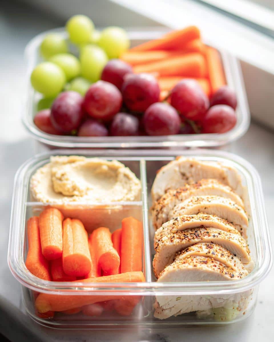 Two clear containers showing components of a Chicken Hummus Lunch Box: sliced chicken, carrots, hummus, and grapes.
