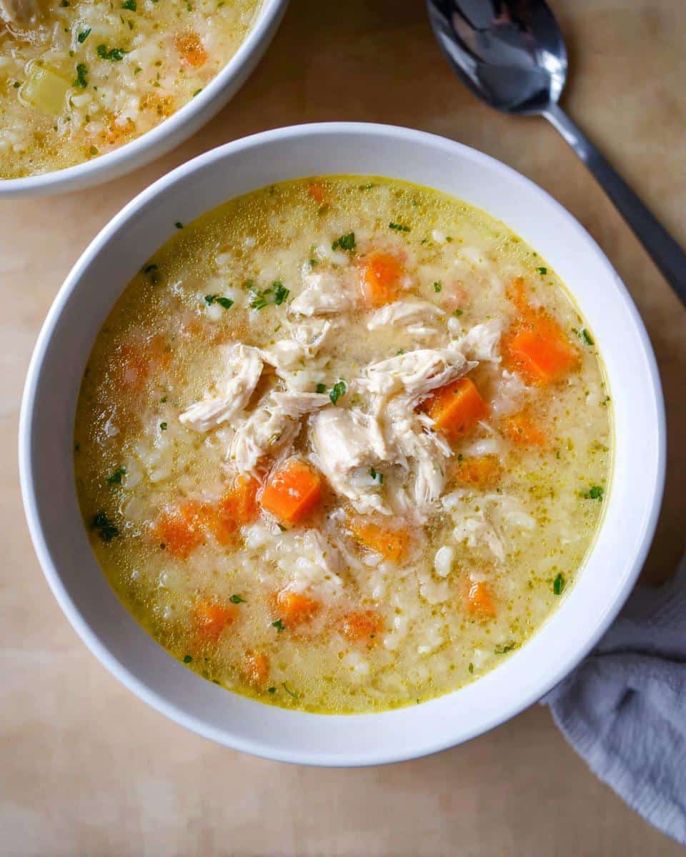 Overhead view of a white bowl filled with rich Chicken Lemon Rice Soup, featuring shredded chicken, rice, and bright orange carrots.