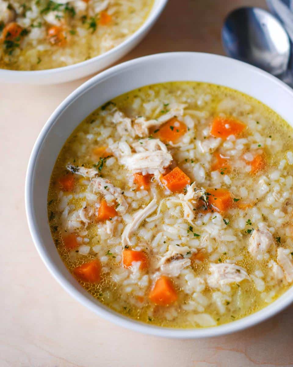 Close-up of a white bowl filled with rich Chicken Lemon Rice Soup, featuring shredded chicken, rice, and diced carrots.